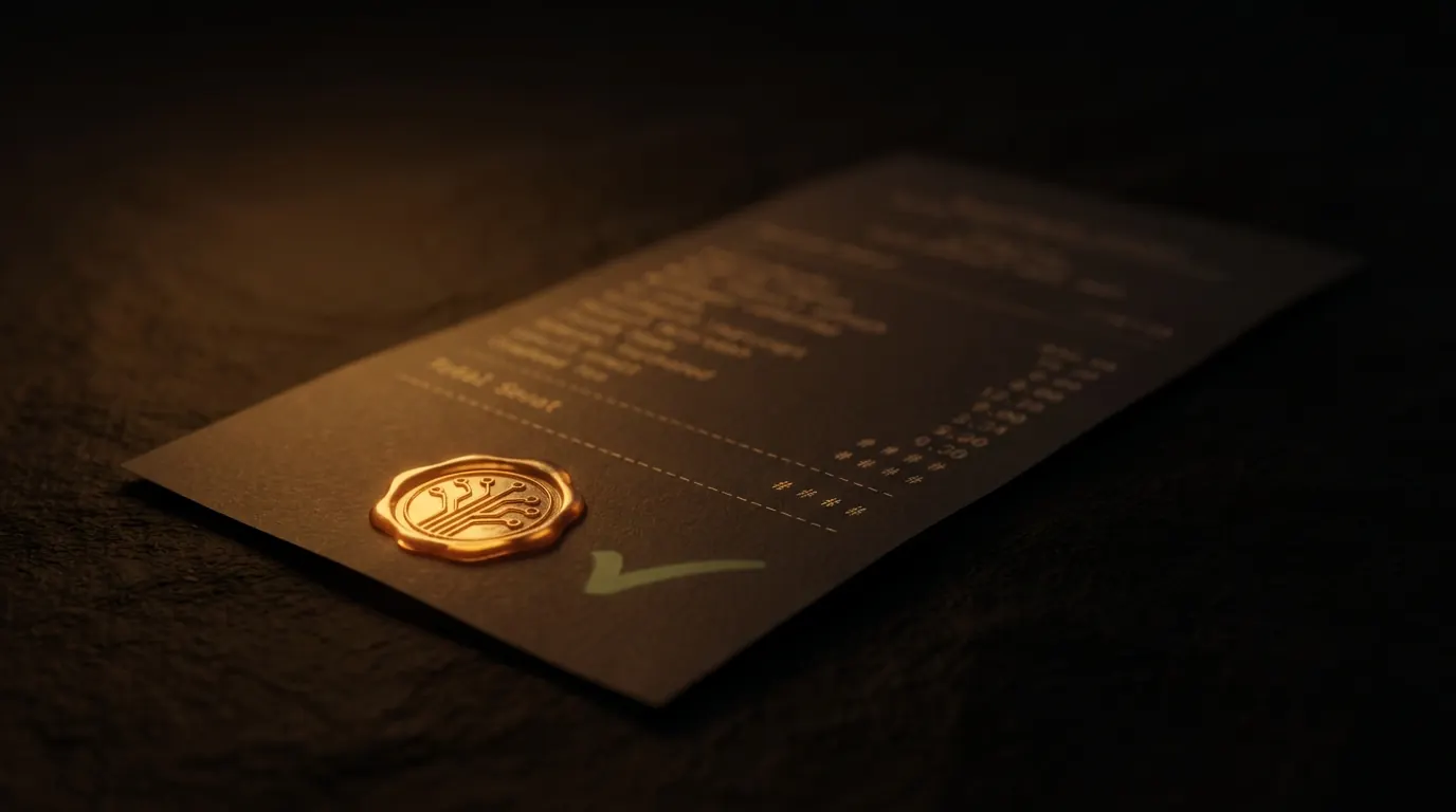 A dark receipt sealed with an amber wax-and-circuit seal, a moss-green check confirming it is intact — rows of monospace hashes catching the light.